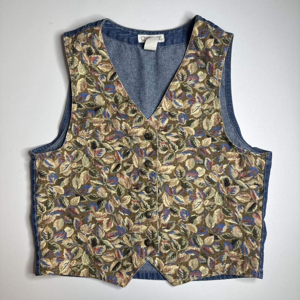 Vintage 90s Cherokee Womens Denim Vest Autumn Leaves Buttons USA Made Medium